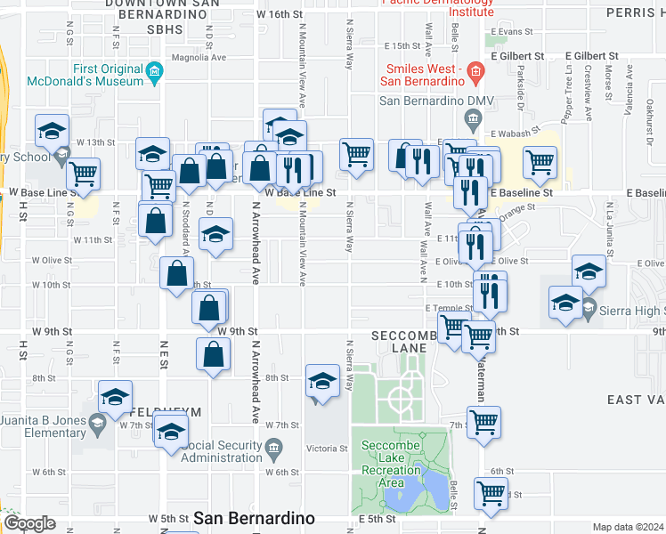 map of restaurants, bars, coffee shops, grocery stores, and more near 137 West Olive Street in San Bernardino
