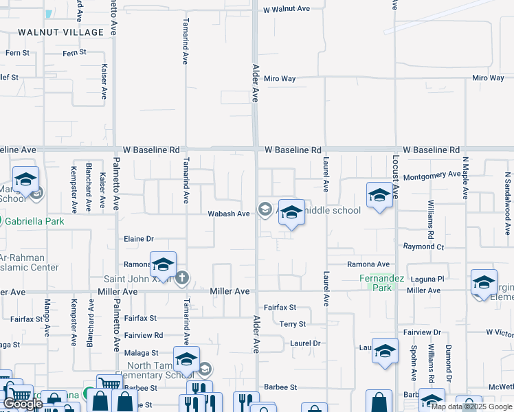 map of restaurants, bars, coffee shops, grocery stores, and more near 7555 Alder Avenue in Fontana