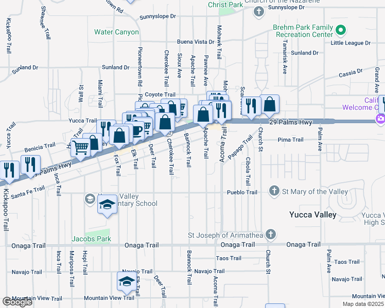 map of restaurants, bars, coffee shops, grocery stores, and more near 7389 Bannock Trail in Yucca Valley