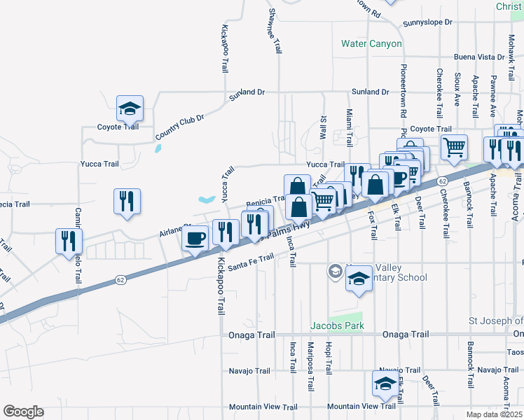 map of restaurants, bars, coffee shops, grocery stores, and more near Benicia Trail in Yucca Valley