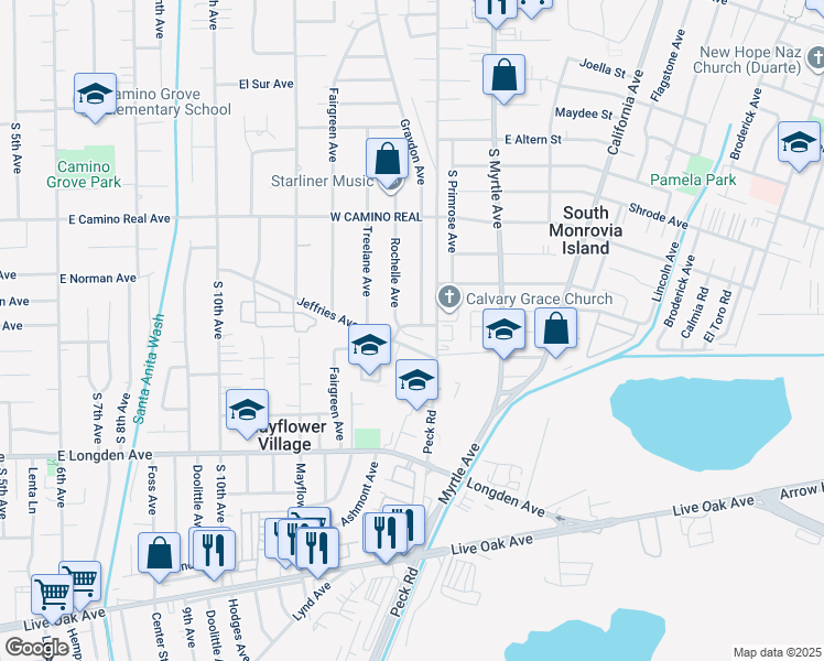 map of restaurants, bars, coffee shops, grocery stores, and more near 2538 Rochelle Avenue in Monrovia
