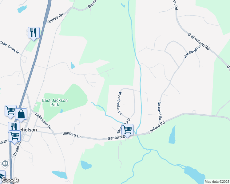 map of restaurants, bars, coffee shops, grocery stores, and more near 249 Woodpecker Lane in Nicholson