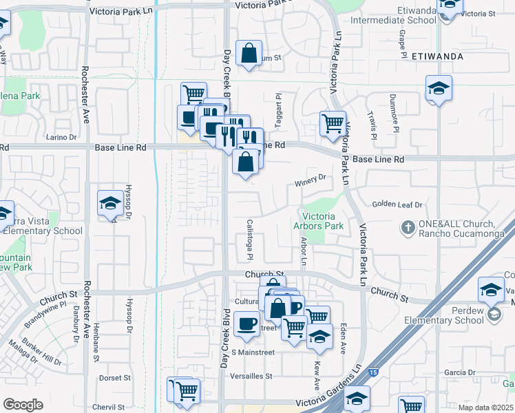 map of restaurants, bars, coffee shops, grocery stores, and more near 12393 Meritage Court in Rancho Cucamonga