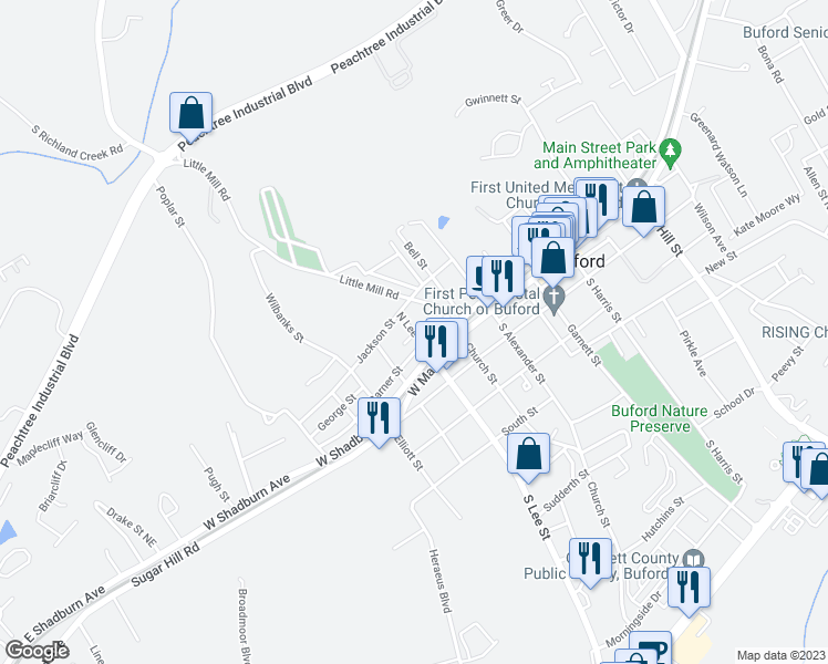 map of restaurants, bars, coffee shops, grocery stores, and more near 4905 North Lee Street in Buford