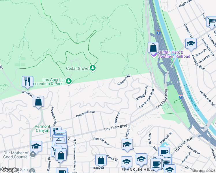 map of restaurants, bars, coffee shops, grocery stores, and more near 3961 Farmouth Drive in Los Angeles