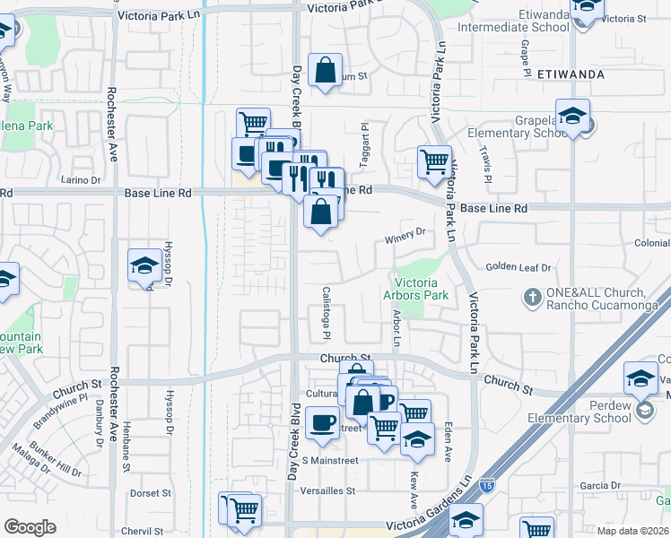 map of restaurants, bars, coffee shops, grocery stores, and more near 12393 Meritage Court in Rancho Cucamonga