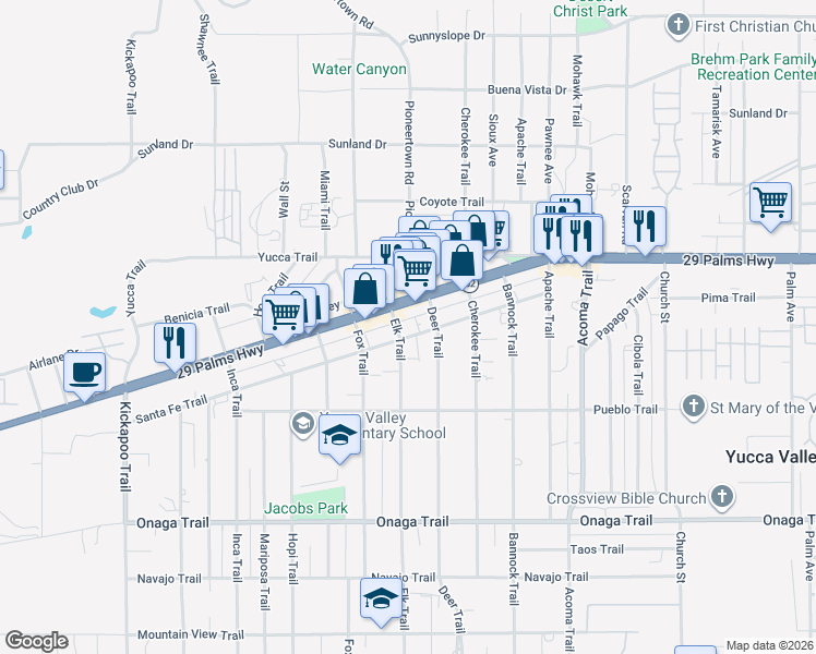 map of restaurants, bars, coffee shops, grocery stores, and more near 55825 Twentynine Palms Highway in Yucca Valley
