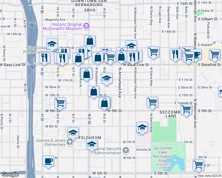 map of restaurants, bars, coffee shops, grocery stores, and more near 354 West Olive Street in San Bernardino