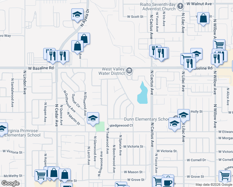 map of restaurants, bars, coffee shops, grocery stores, and more near 926 West Wabash Street in Rialto