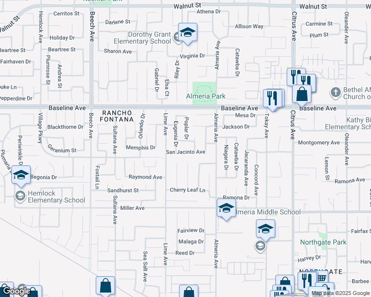 map of restaurants, bars, coffee shops, grocery stores, and more near 15640 Montgomery Drive in Fontana