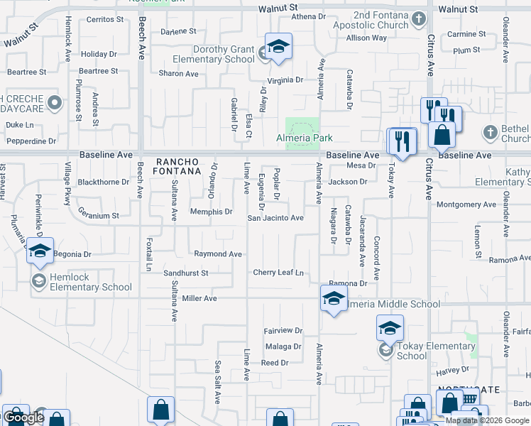 map of restaurants, bars, coffee shops, grocery stores, and more near 15640 Montgomery Drive in Fontana