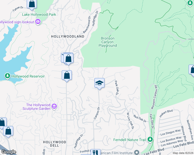 map of restaurants, bars, coffee shops, grocery stores, and more near 2647 Bronholly Drive in Los Angeles