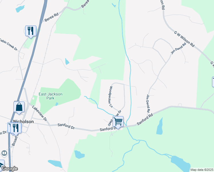 map of restaurants, bars, coffee shops, grocery stores, and more near 249 Woodpecker Lane in Nicholson