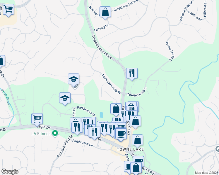 map of restaurants, bars, coffee shops, grocery stores, and more near 2015 Towne Lake Hills West in Woodstock