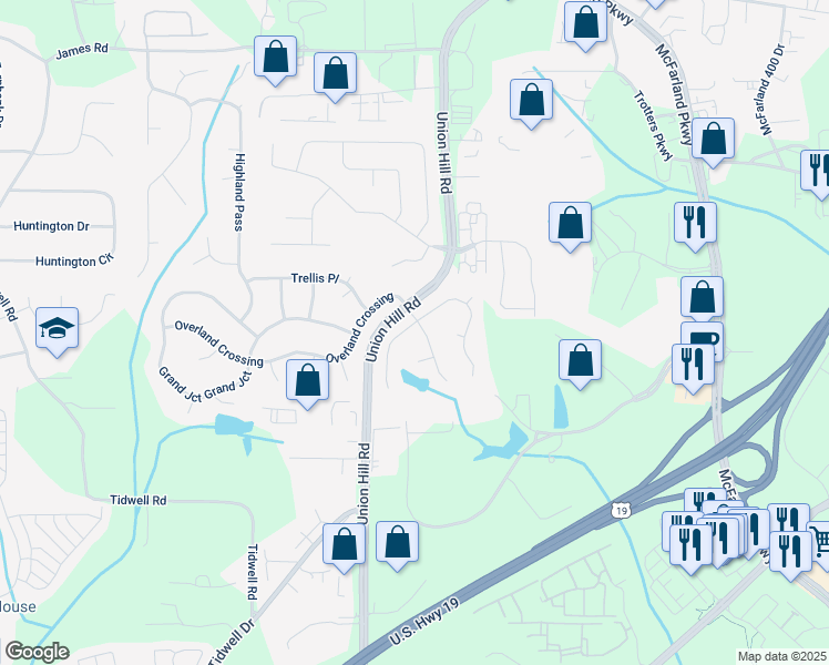 map of restaurants, bars, coffee shops, grocery stores, and more near 1301 Dalesford Drive in Alpharetta