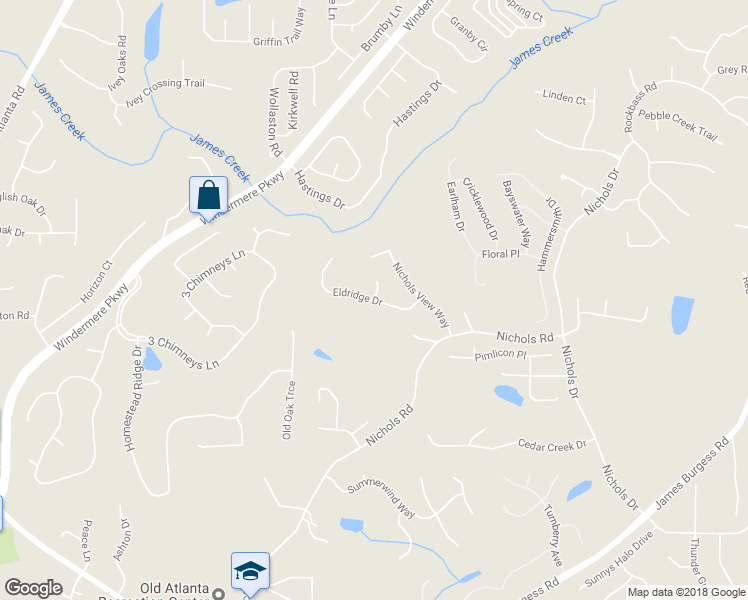 map of restaurants, bars, coffee shops, grocery stores, and more near 520 Eldridge Drive in Suwanee