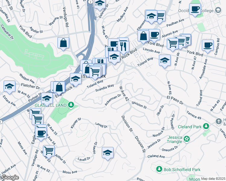 map of restaurants, bars, coffee shops, grocery stores, and more near 4110 Scandia Way in Los Angeles