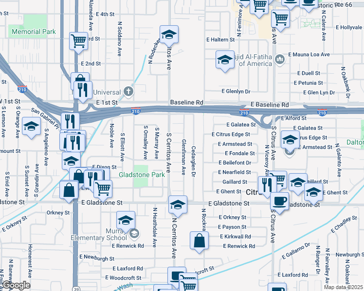 map of restaurants, bars, coffee shops, grocery stores, and more near 5819 North Glenfinnan Avenue in Azusa