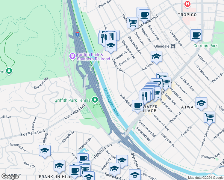 map of restaurants, bars, coffee shops, grocery stores, and more near 3785 West Livia Lane in Los Angeles