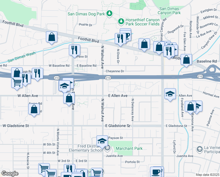 map of restaurants, bars, coffee shops, grocery stores, and more near 324 Kelsey Road in San Dimas