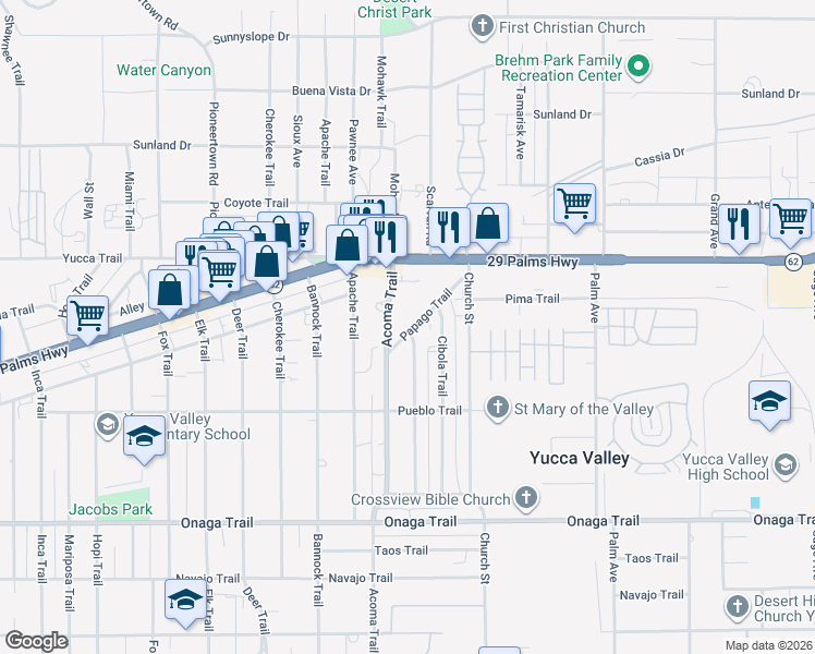 map of restaurants, bars, coffee shops, grocery stores, and more near in Yucca Valley