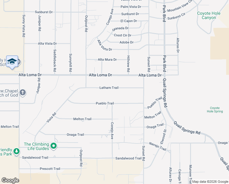 map of restaurants, bars, coffee shops, grocery stores, and more near 61525 Latham Trail in Joshua Tree