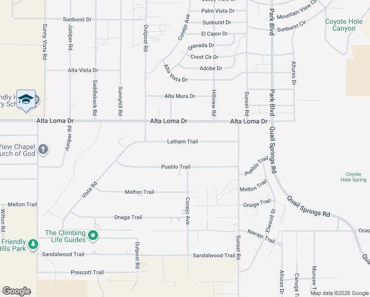 map of restaurants, bars, coffee shops, grocery stores, and more near 61525 Latham Trail in Joshua Tree