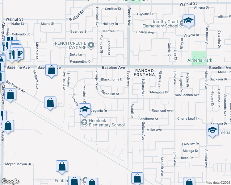 map of restaurants, bars, coffee shops, grocery stores, and more near 15216 Geranium Street in Fontana