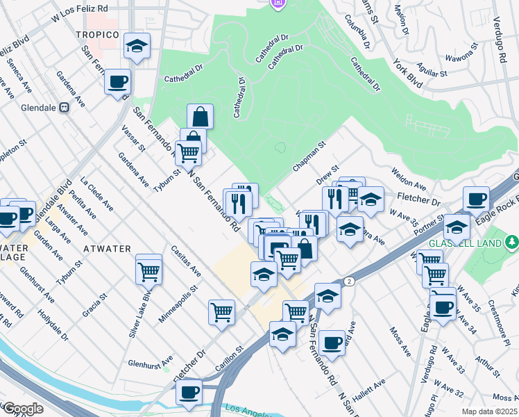 map of restaurants, bars, coffee shops, grocery stores, and more near 3135 Drew Street in Los Angeles