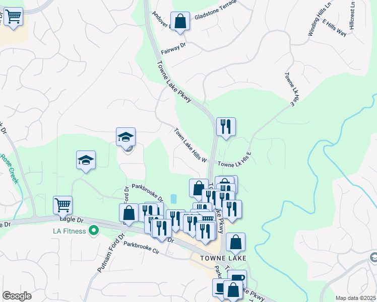 map of restaurants, bars, coffee shops, grocery stores, and more near 2015 Towne Lake Hills West in Woodstock