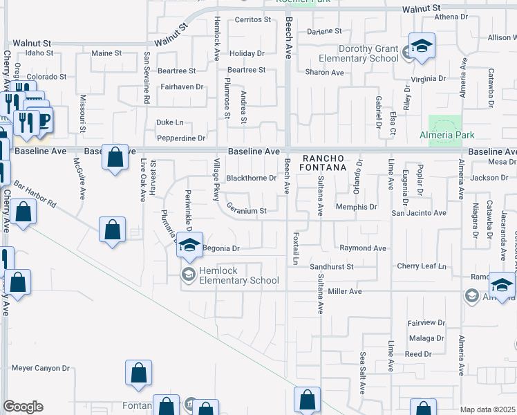 map of restaurants, bars, coffee shops, grocery stores, and more near 15216 Geranium Street in Fontana