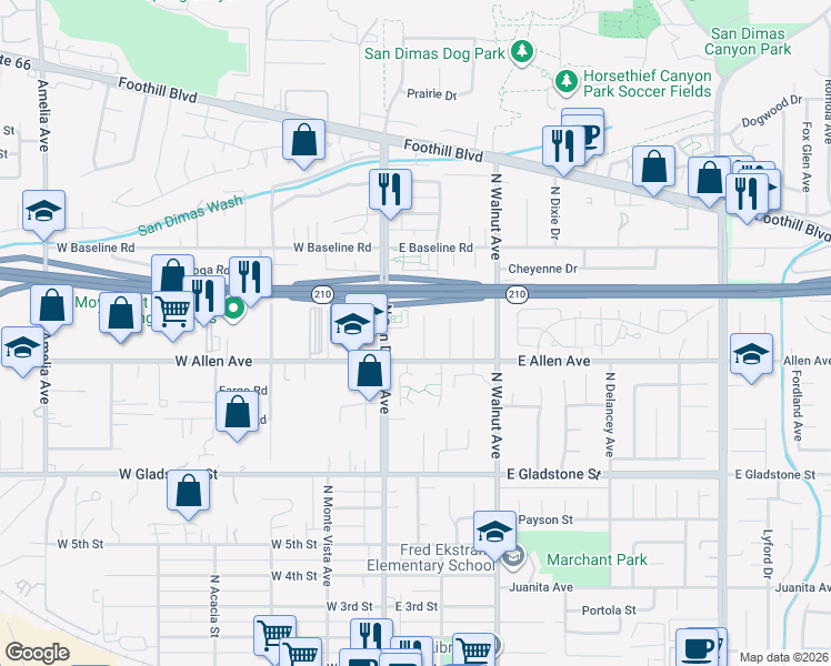map of restaurants, bars, coffee shops, grocery stores, and more near 943 Sedona Court in San Dimas