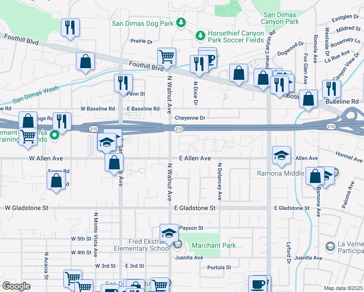map of restaurants, bars, coffee shops, grocery stores, and more near 324 Kelsey Road in San Dimas