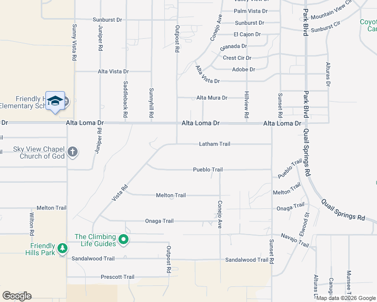 map of restaurants, bars, coffee shops, grocery stores, and more near 61394 Latham Trail in Joshua Tree
