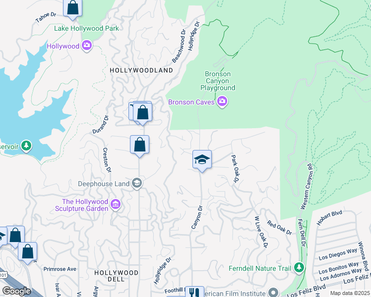 map of restaurants, bars, coffee shops, grocery stores, and more near 2613 Bronholly Drive in Los Angeles