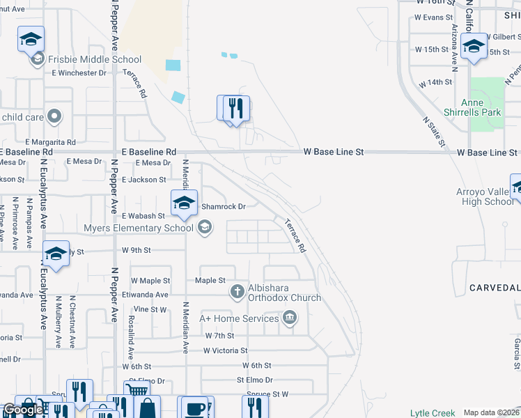 map of restaurants, bars, coffee shops, grocery stores, and more near 1040 Terrace Road in San Bernardino