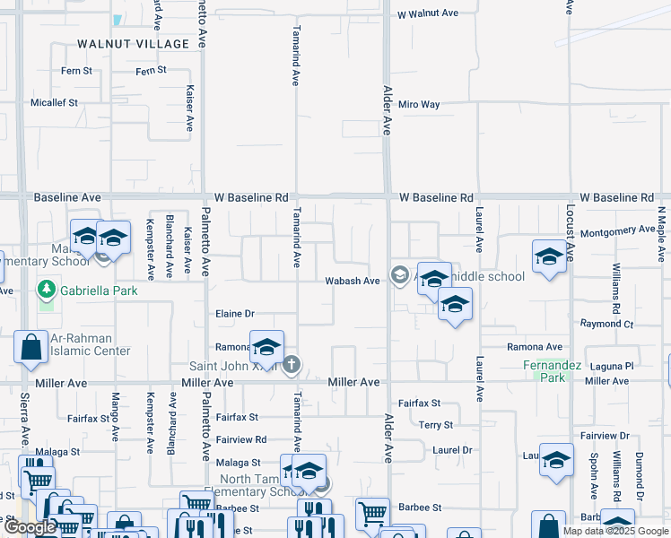 map of restaurants, bars, coffee shops, grocery stores, and more near 17571 Shamrock Avenue in Fontana