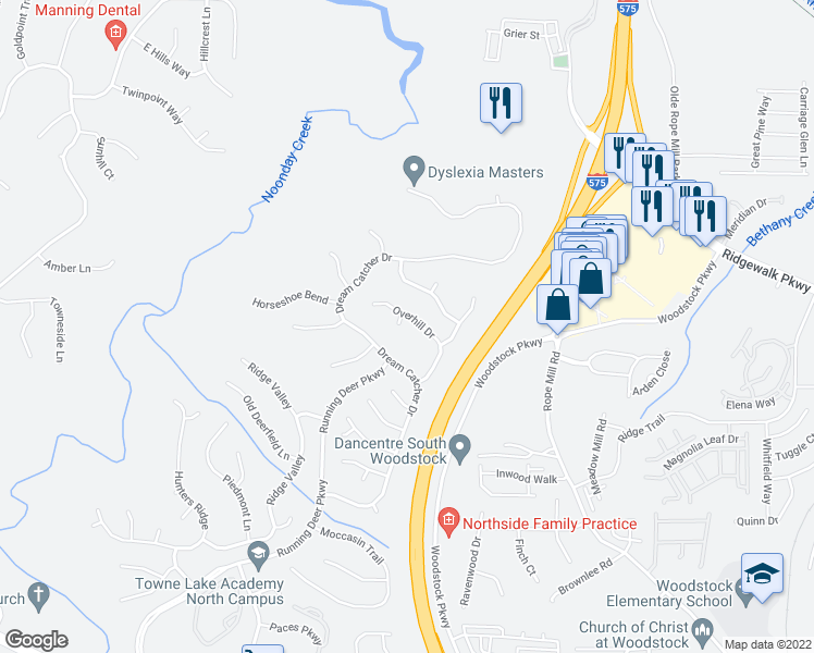 map of restaurants, bars, coffee shops, grocery stores, and more near 703 Overhill Court in Woodstock