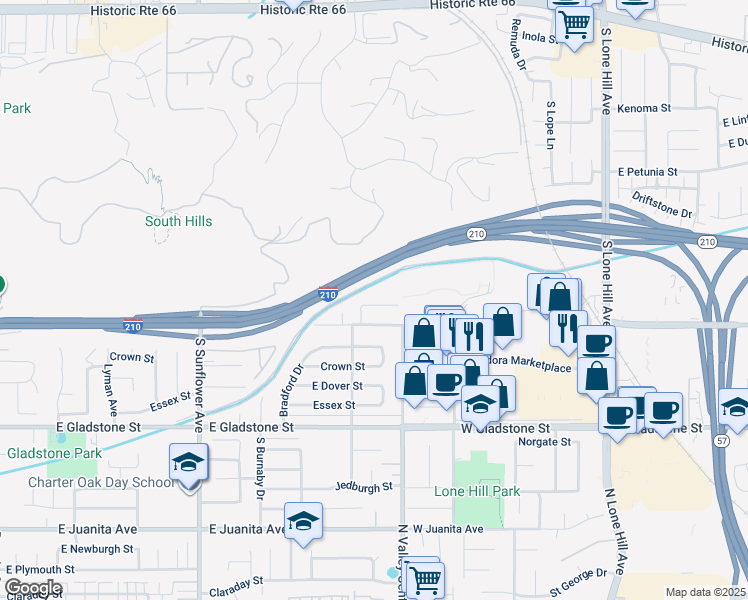 map of restaurants, bars, coffee shops, grocery stores, and more near 1225 Swain Street in Glendora