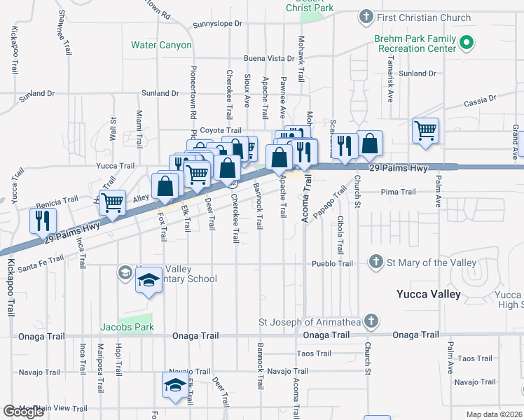 map of restaurants, bars, coffee shops, grocery stores, and more near 7389 Bannock Trail in Yucca Valley