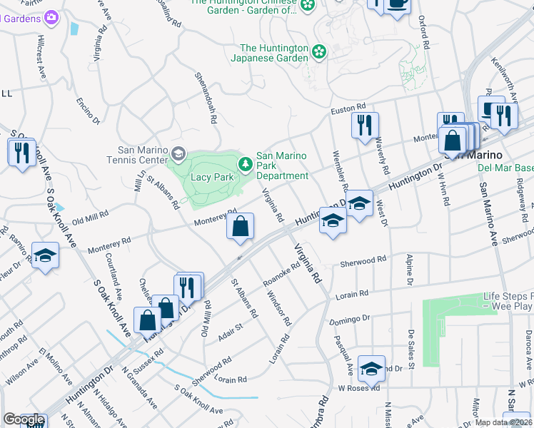 map of restaurants, bars, coffee shops, grocery stores, and more near 1591 Virginia Road in San Marino