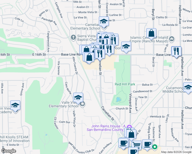 map of restaurants, bars, coffee shops, grocery stores, and more near 8669 Calle Del Prado in Rancho Cucamonga