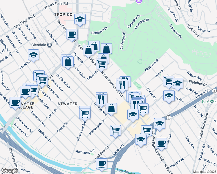 map of restaurants, bars, coffee shops, grocery stores, and more near 3360 North San Fernando Road in Los Angeles