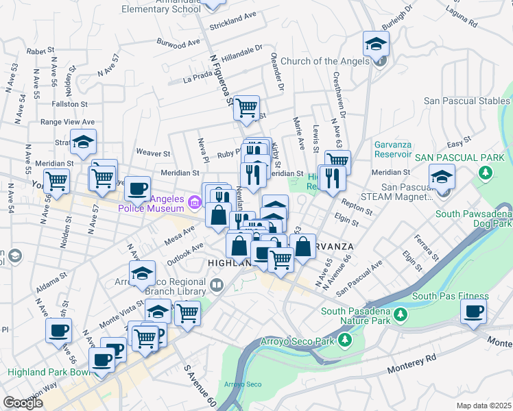 map of restaurants, bars, coffee shops, grocery stores, and more near 6439 North Figueroa Street in Los Angeles
