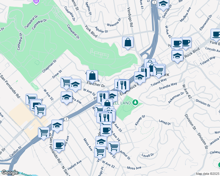 map of restaurants, bars, coffee shops, grocery stores, and more near 3633 Fletcher Drive in Los Angeles
