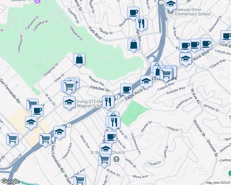 map of restaurants, bars, coffee shops, grocery stores, and more near 3600 Fletcher Drive in Los Angeles