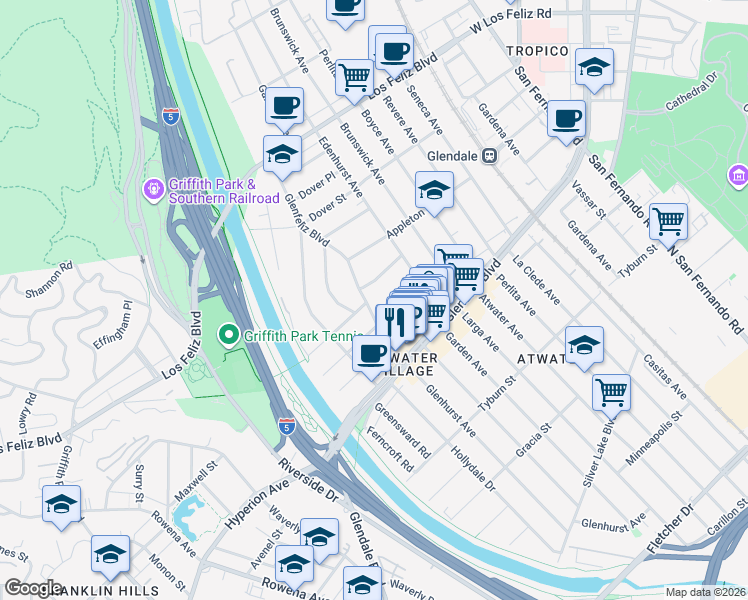map of restaurants, bars, coffee shops, grocery stores, and more near 3717 Glenfeliz Boulevard in Los Angeles