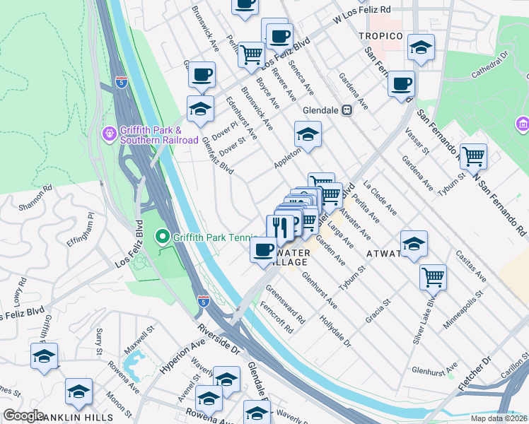 map of restaurants, bars, coffee shops, grocery stores, and more near 3717 Glenfeliz Boulevard in Los Angeles