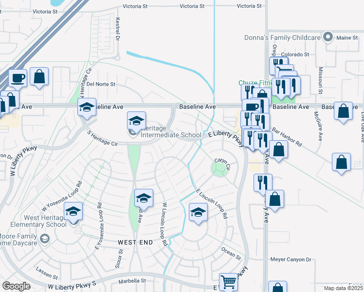 map of restaurants, bars, coffee shops, grocery stores, and more near 14170 Dartmouth Court in Fontana