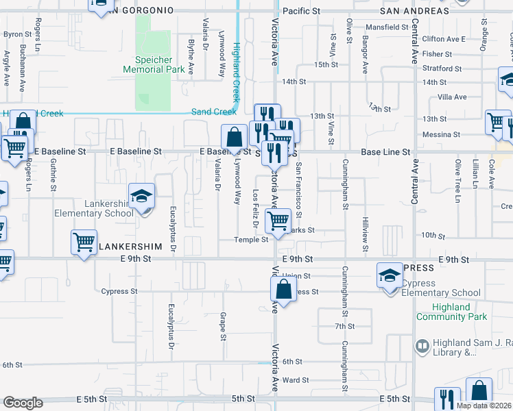 map of restaurants, bars, coffee shops, grocery stores, and more near 25835 11th Street in Highland